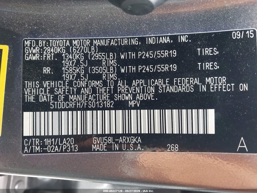 2015 Toyota VIN 5TDDCRFH7FS013182 IAAI salvage auction — FRONT END, Original (Texas), sold $3,550 on 2026-07-28 (photo 9)