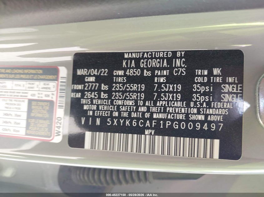 2023 Kia Sportage VIN 5XYK6CAF1PG009497 IAAI salvage auction — FRONT END, Salvage Title, sold $3,800 on 2026-07-29 (photo 9)