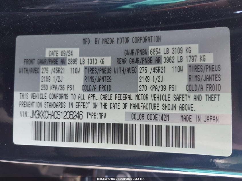 2025 Mazda Cx-90 VIN JM3KKCHA0S1206246 IAAI salvage auction — FRONT END, Salvage Title, sold $14,100 on 2026-07-16 (photo 9)