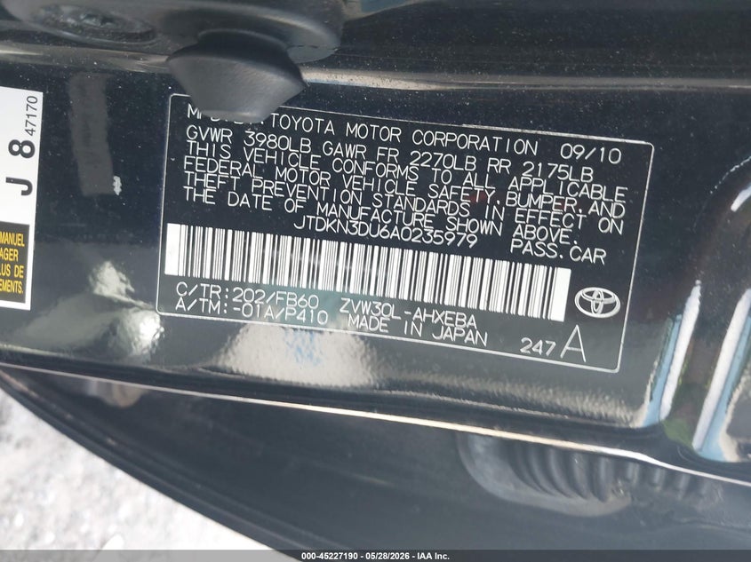 2010 Toyota Prius VIN JTDKN3DU6A0235979 IAAI salvage auction — RIGHT REAR, Salvage (Georgia), sold $1,450 on 2026-07-14 (photo 9)