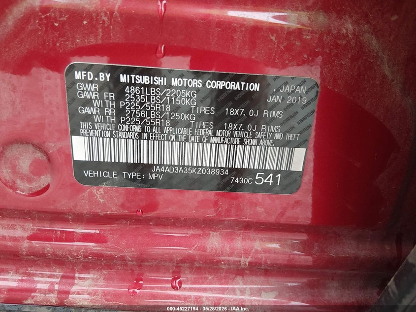 2019 Mitsubishi Outlander VIN JA4AD3A35KZ038934 IAAI salvage auction — FRONT END, Salvage Title, sold $5,600 on 2026-07-20 (photo 9)