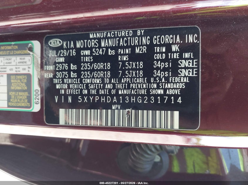 2017 Kia Sorento VIN 5XYPHDA13HG231714 IAAI salvage auction — RIGHT SIDE, Salvage (Tennessee), sold $25 on 2026-07-29 (photo 9)