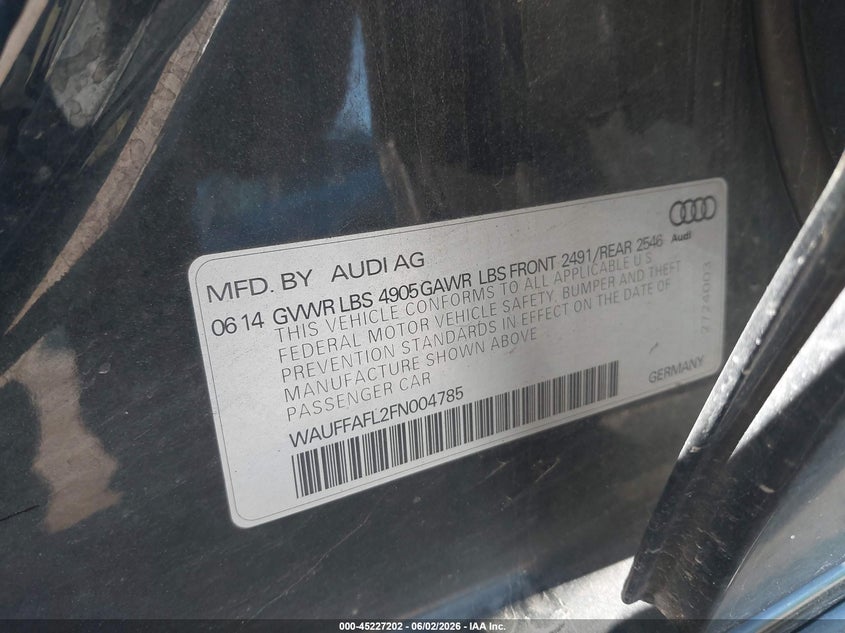 2015 Audi A4 VIN WAUFFAFL2FN004785 IAAI salvage auction — FRONT END, Salvage Title, sold $1,950 on 2026-07-14 (photo 9)