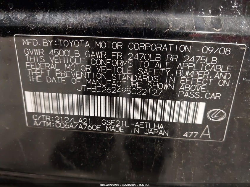 2009 Lexus Is 350 VIN JTHBE262495022127 IAAI salvage auction — SIDE, Salvage (Colorado), sold $300 on 2026-07-08 (photo 9)