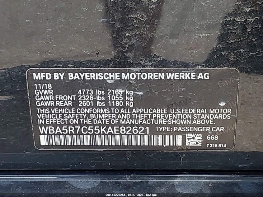 2019 BMW VIN WBA5R7C55KAE82621 IAAI salvage auction — FRONT END, Salvage (North Carolina), sold $8,050 on 2026-08-10 (photo 9)
