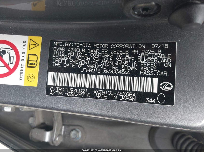 2019 Lexus ES VIN JTHB21B1XK2004366 IAAI salvage auction — FRONT END, Salvage Title, sold $8,000 on 2026-07-14 (photo 9)