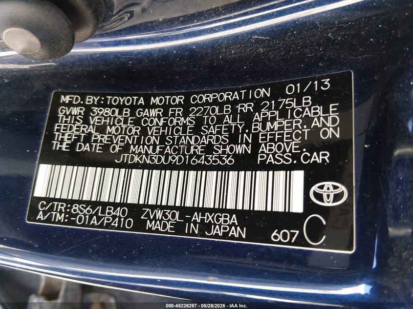 2013 Toyota Prius VIN JTDKN3DU9D1643536 IAAI salvage auction — REAR END, Salvage (Illinois), sold $1,100 on 2026-07-14 (photo 9)