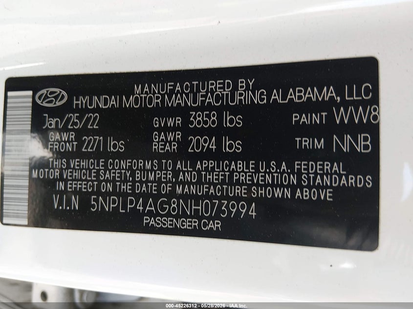 2022 Hyundai Elantra VIN 5NPLP4AG8NH073994 IAAI salvage auction — REAR END, Salvage (New Jersey), sold $6,200 on 2026-07-28 (photo 9)