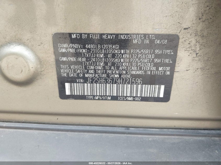 2009 Subaru Forester VIN JF2SH63679H721596 IAAI salvage auction — REAR END, Clear (Tennessee), sold $400 on 2026-07-22 (photo 9)