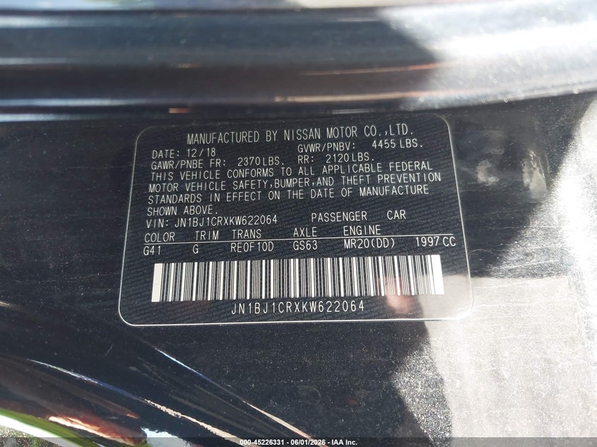 2019 Nissan Rogue VIN JN1BJ1CRXKW622064 IAAI salvage auction — FRONT END, Salvage (New Jersey), sold $2,500 on 2026-07-20 (photo 9)