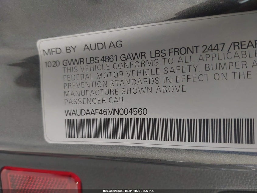 2021 Audi A4 VIN WAUDAAF46MN004560 IAAI salvage auction — LEFT SIDE, Salvage Title, sold $6,300 on 2026-07-22 (photo 9)