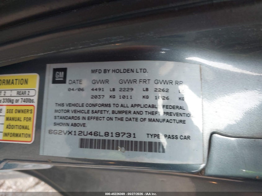 2006 Pontiac Gto VIN 6G2VX12U46L819731 IAAI salvage auction — FRONT END, Salvage (Alabama), sold $3,700 on 2026-07-08 (photo 9)