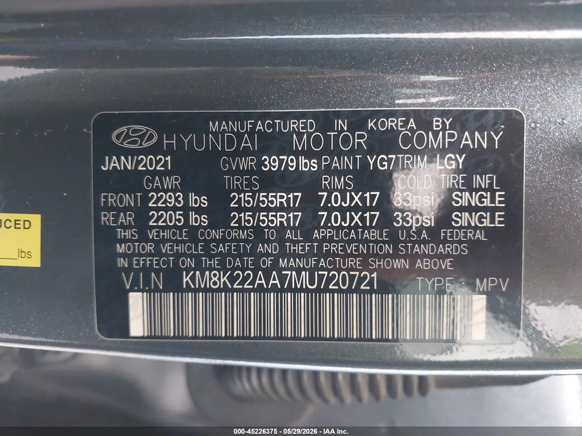 2021 Hyundai Kona VIN KM8K22AA7MU720721 IAAI salvage auction — REAR END, Salvage Title, sold $3,900 on 2026-07-29 (photo 9)