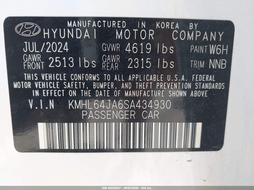 2025 Hyundai Sonata VIN KMHL64JA6SA434930 IAAI salvage auction — FRONT END, Salvage Title, sold $8,700 on 2026-07-16 (photo 9)