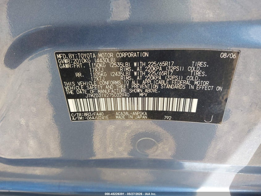 2007 Toyota Rav4 VIN JTMZD31V275032940 IAAI salvage auction — LEFT SIDE, Salvage (Illinois), sold $225 on 2026-07-08 (photo 9)