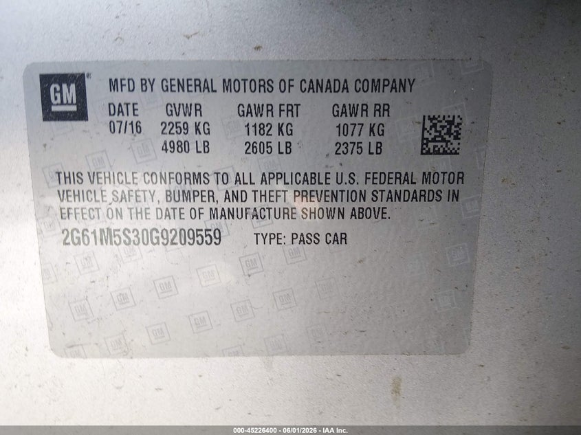 2016 Cadillac Xts VIN 2G61M5S30G9209559 IAAI salvage auction — BIO HAZARD, Salvage Title, sold $425 on 2026-07-22 (photo 9)
