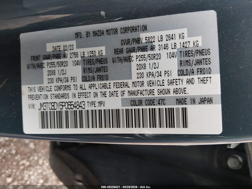 2023 Mazda Cx-9 VIN JM3TCBDY6P0654843 IAAI salvage auction — RIGHT REAR, Salvage (Nevada), sold $5,100 on 2026-07-24 (photo 9)