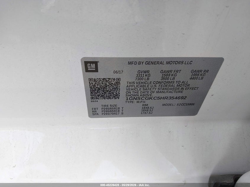 2017 Chevrolet Suburban VIN 1GNSCGKC5HR354692 IAAI salvage auction — ENGINE BURN, Salvage Title, sold $25 on 2026-07-24 (photo 9)