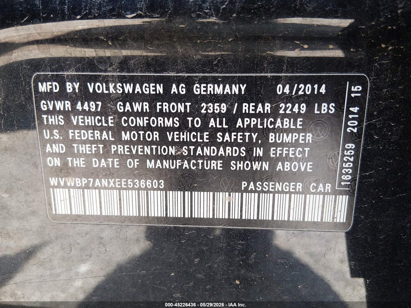 2014 Volkswagen Passat cc VIN WVWBP7ANXEE536603 IAAI salvage auction — HAIL, Salvage Title, sold $975 on 2026-08-07 (photo 9)