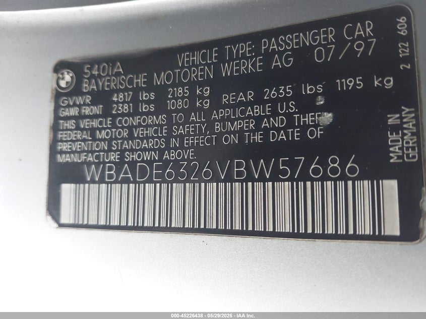 1997 BMW 5er VIN WBADE6326VBW57686 IAAI salvage auction — NORMAL WEAR, App For Dup Clear (California), sold $450 on 2026-07-29 (photo 9)