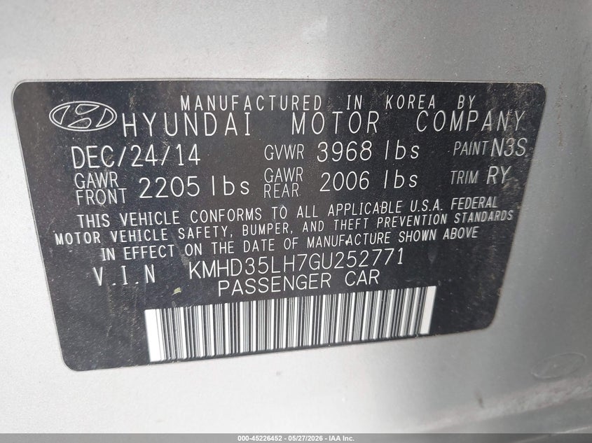 2016 Hyundai Elantra VIN KMHD35LH7GU252771 IAAI salvage auction — FRONT END, Salvage (Texas), sold $525 on 2026-07-08 (photo 9)