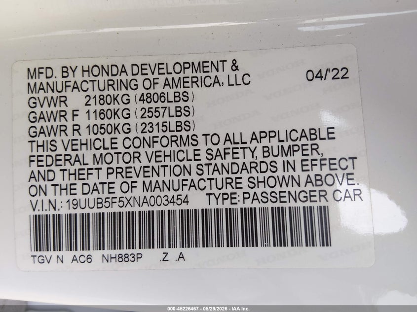 2022 Acura Tlx VIN 19UUB5F5XNA003454 IAAI salvage auction — REAR END, Salvage Title, sold $14,550 on 2026-07-14 (photo 9)