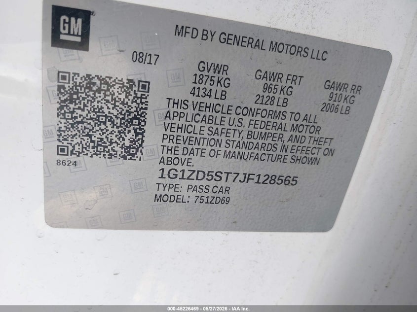 2018 Chevrolet Malibu VIN 1G1ZD5ST7JF128565 IAAI salvage auction — RIGHT SIDE, Salvage Title, sold $850 on 2026-07-22 (photo 9)