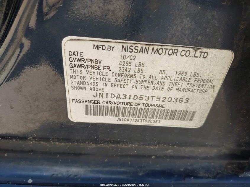 2003 Nissan Maxima VIN JN1DA31D53T520363 IAAI salvage auction — FRONT END, Original (Texas), sold $250 on 2026-07-07 (photo 9)