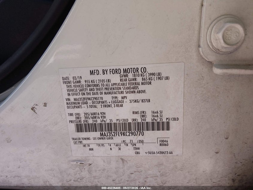 2019 Ford Ecosport VIN MAJ3S2FE9KC290770 IAAI salvage auction — FRONT END, Salvage (Arizona), sold $1,050 on 2026-07-09 (photo 9)