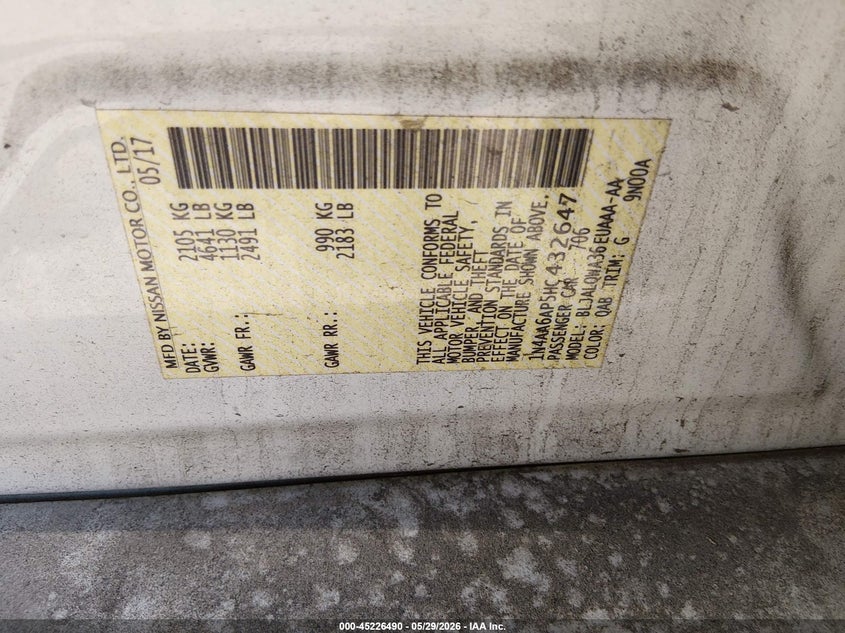 2017 Nissan Maxima VIN 1N4AA6AP5HC432647 IAAI salvage auction — REAR END, Salvage (North Carolina), sold $2,500 on 2026-08-03 (photo 9)