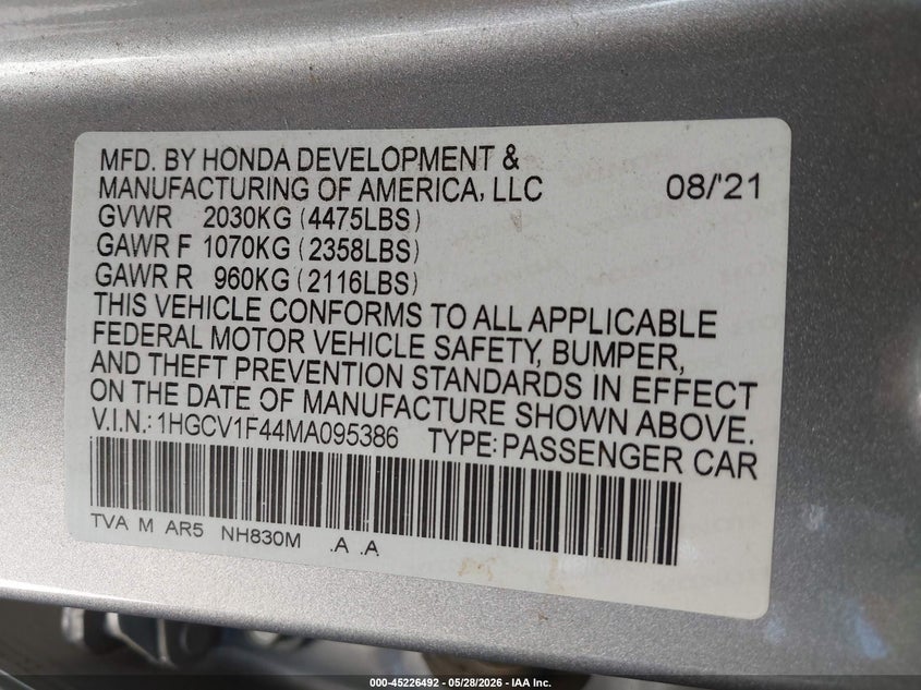 2021 Honda Accord VIN 1HGCV1F44MA095386 IAAI salvage auction — REAR END, Salvage Title, sold $9,050 on 2026-08-24 (photo 9)