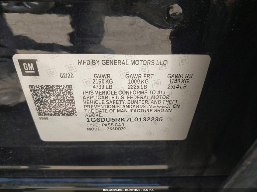 2020 Cadillac Ct5 VIN 1G6DU5RK7L0132235 IAAI salvage auction — FRONT END, Salvage Title, sold $5,100 on 2026-07-09 (photo 9)