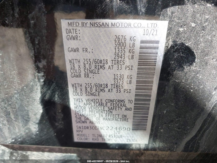 2022 Nissan Pathfinder VIN 5N1DR3CC7NC224690 IAAI salvage auction — FRONT END, Salvage Title, sold $6,550 on 2026-07-18 (photo 9)