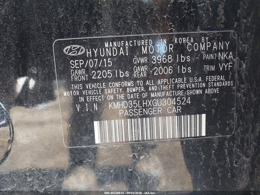 2016 Hyundai Elantra VIN KMHD35LHXGU304524 IAAI salvage auction — FRONT END, Salvage Title, sold $1,300 on 2026-07-16 (photo 9)