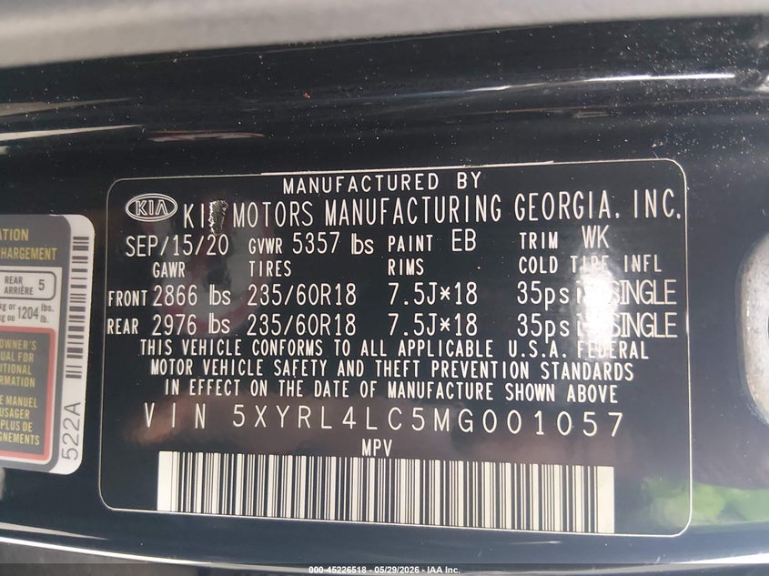 2021 Kia Sorento VIN 5XYRL4LC5MG001057 IAAI salvage auction — FRONT END, Salvage (South Carolina), sold $4,250 on 2026-07-15 (photo 9)