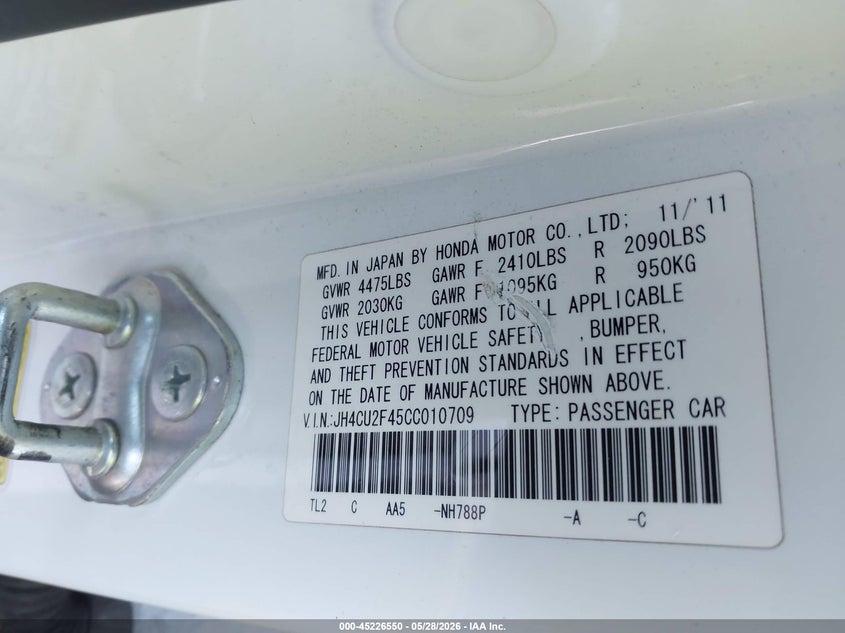 2012 Acura Tsx VIN JH4CU2F45CC010709 IAAI salvage auction — RIGHT FRONT, Salvage Certificate (California), sold $175 on 2026-07-31 (photo 9)