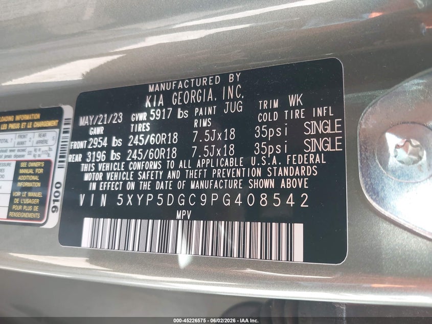 2023 Kia Telluride VIN 5XYP5DGC9PG408542 IAAI salvage auction — REAR END, Salvage Title, sold $10,100 on 2026-07-23 (photo 9)