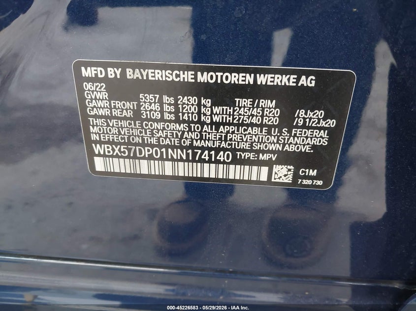 2022 BMW X3 VIN WBX57DP01NN174140 IAAI salvage auction — FRONT END, Salvage Title, sold $16,200 on 2026-07-23 (photo 9)