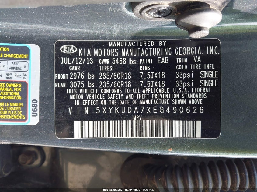 2014 Kia Sorento VIN 5XYKUDA7XEG490626 IAAI salvage auction — LEFT FRONT, Salvage Title, sold $1,400 on 2026-07-07 (photo 9)