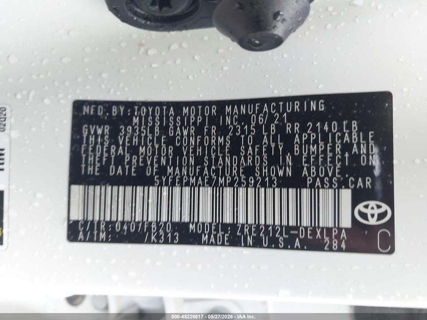 2021 Toyota Corolla VIN 5YFEPMAE7MP259213 IAAI salvage auction — SIDE, Certificate Of Destruction (Florida), sold $3,250 on 2026-07-16 (photo 9)