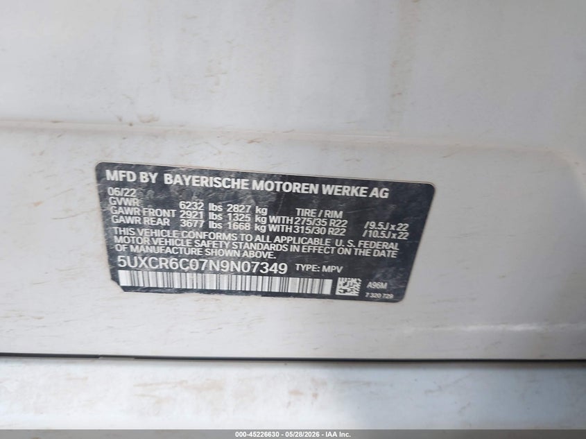 2022 BMW X5 VIN 5UXCR6C07N9N07349 IAAI salvage auction — FRONT END, Salvage Title, sold $22,200 on 2026-07-10 (photo 9)