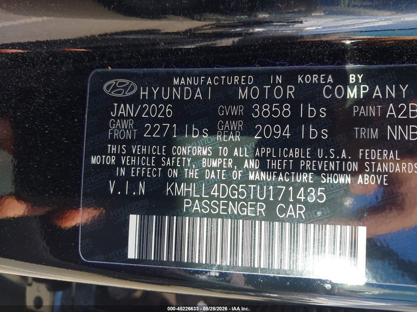 2026 Hyundai Elantra VIN KMHLL4DG5TU171435 IAAI salvage auction — RIGHT SIDE, Salvage Title, sold $6,500 on 2026-07-08 (photo 9)