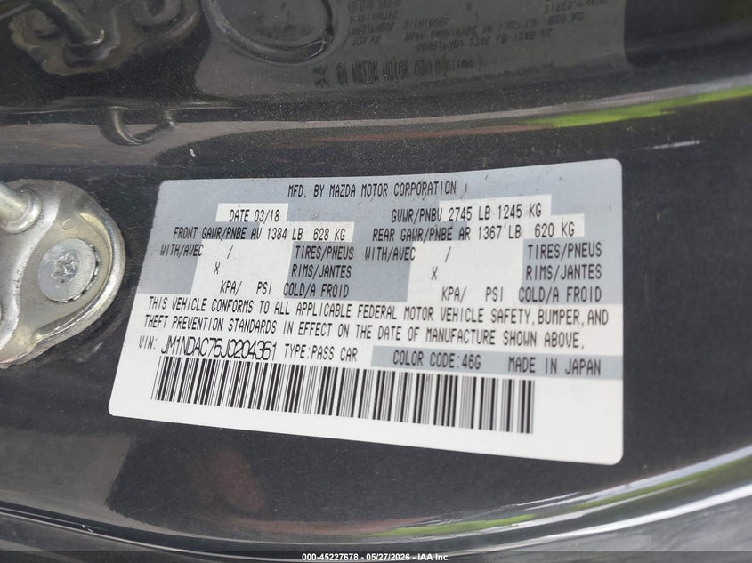 2018 Mazda VIN JM1NDAC76J0204361 IAAI salvage auction — FRONT END, Salvage (California), sold $3,050 on 2026-07-14 (photo 9)