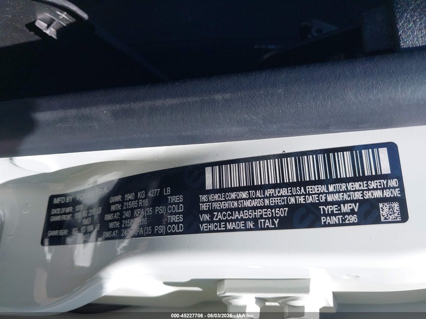 2017 Jeep Renegade VIN ZACCJAAB5HPE61507 IAAI salvage auction — FRONT END, Original (Texas), sold $1,050 on 2026-07-17 (photo 9)