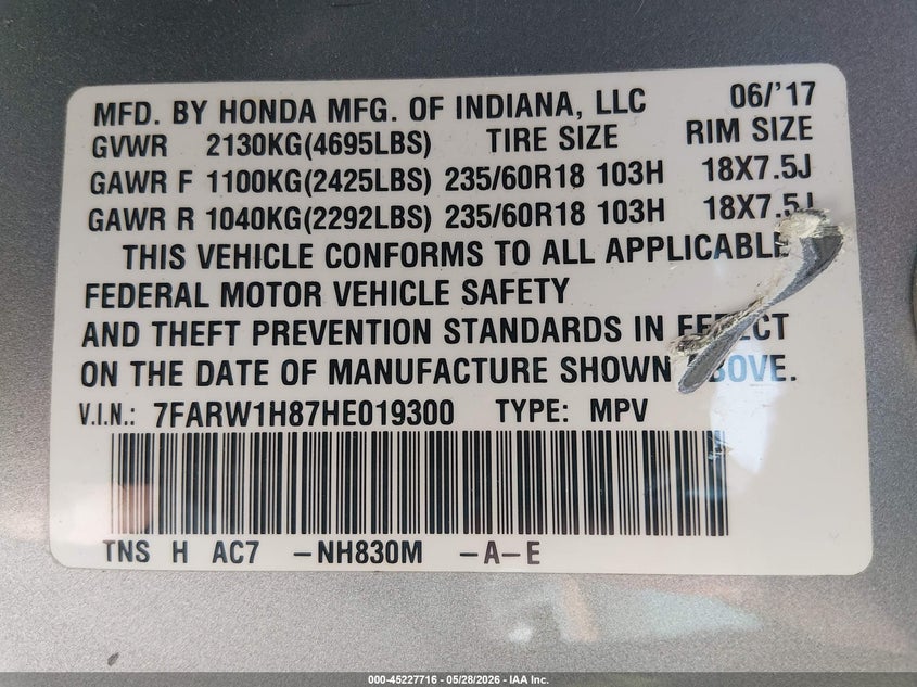 2017 Honda Cr-v VIN 7FARW1H87HE019300 IAAI salvage auction — SIDE, Original (Texas), sold $5,700 on 2026-07-18 (photo 9)