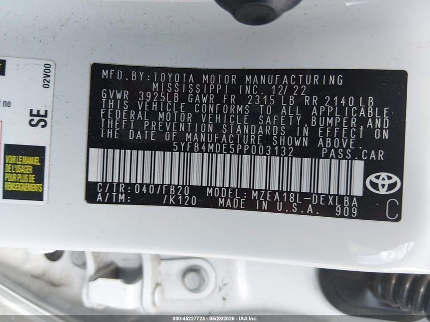 2023 Toyota Corolla VIN 5YFB4MDE5PP003132 IAAI salvage auction — LEFT REAR, Salvage Title, sold $5,350 on 2026-07-09 (photo 9)
