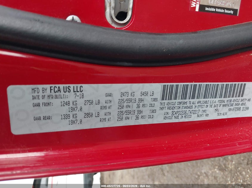 2018 Dodge Journey VIN 3C4PDCEG6JT472217 IAAI salvage auction — FRONT END, Wait Title, sold $1,100 on 2026-08-27 (photo 9)