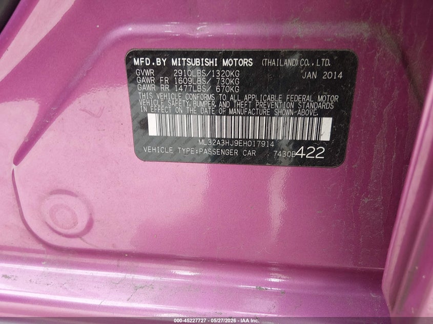 2014 Mitsubishi Mirage VIN ML32A3HJ9EH017914 IAAI salvage auction — FRONT END, Salvage (Maine), sold $375 on 2026-07-10 (photo 9)