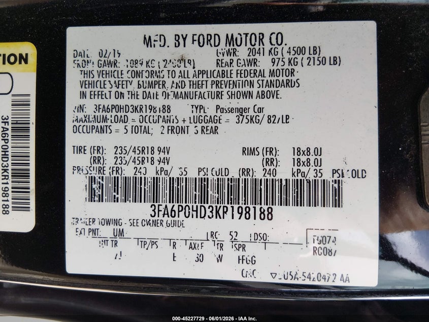 2019 Ford Fusion VIN 3FA6P0HD3KR198188 IAAI salvage auction — FRONT END, Salvage Title, sold $1,500 on 2026-08-01 (photo 9)