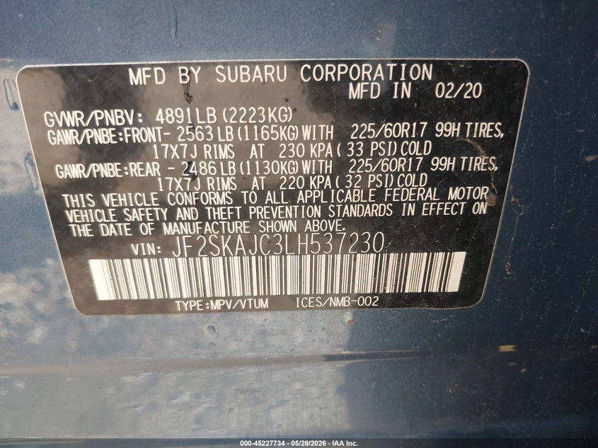2020 Subaru Forester VIN JF2SKAJC3LH537230 IAAI salvage auction — REAR END, Salvage (Alabama), sold $3,200 on 2026-07-14 (photo 9)